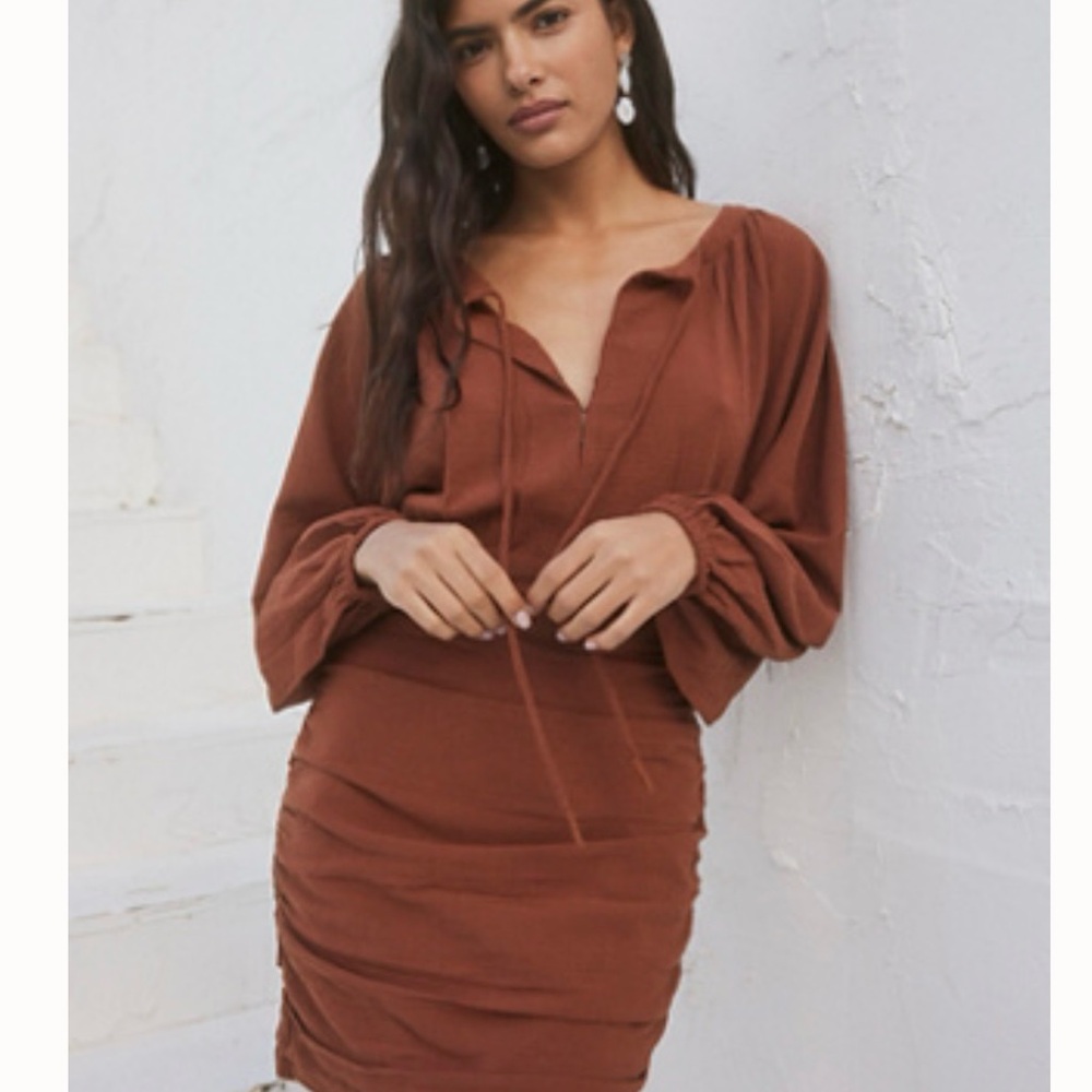 Free People Brown Ruched Bodycon Dress with Bishop Sleeves